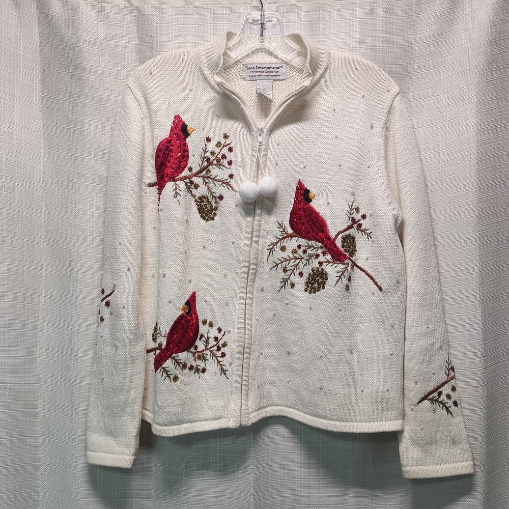 Tiara International Christmas Ivory Cardigan Zip Cardinal Knit Heavy Womens L